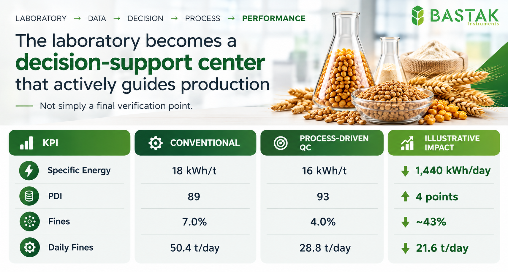 Simulation results showing lower energy use, higher PDI and fewer pellet fines with process-driven quality control