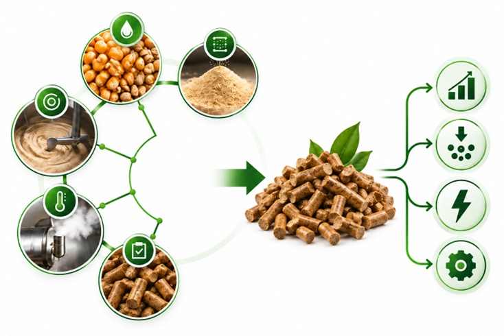 Flow from laboratory analysis to data, decision, process and performance in a feed mill
